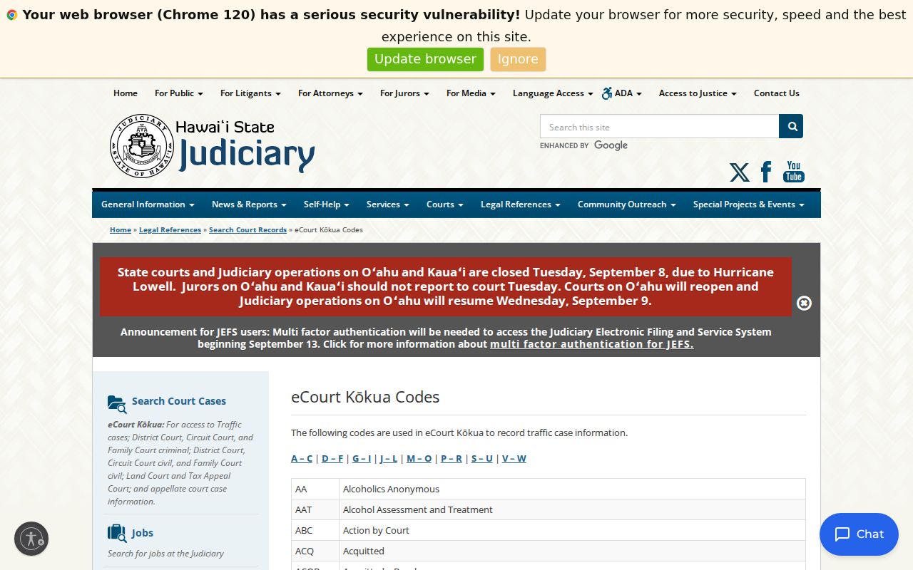 Kauai County warrant search status code table