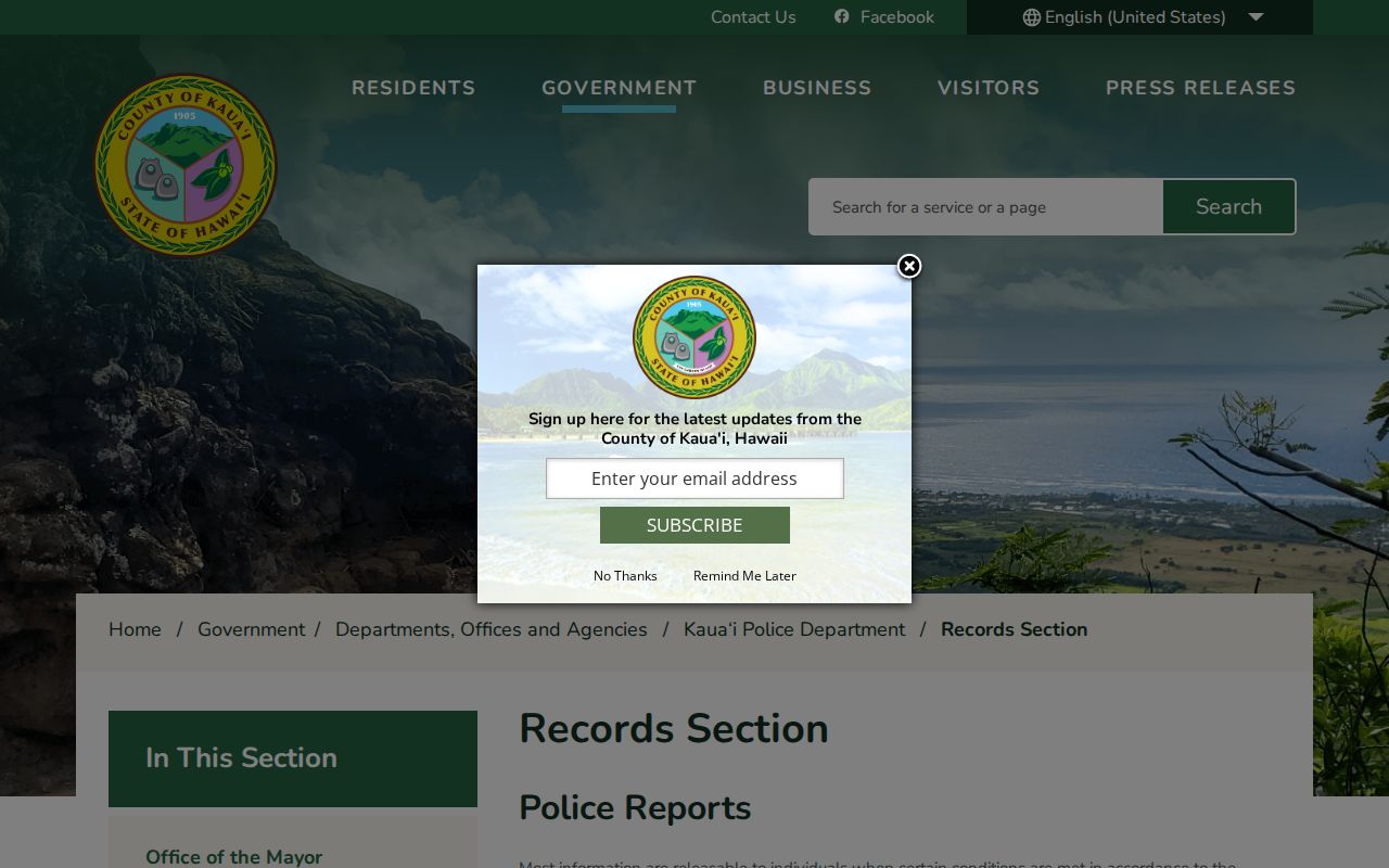 Kauai County active warrant search KPD records request route