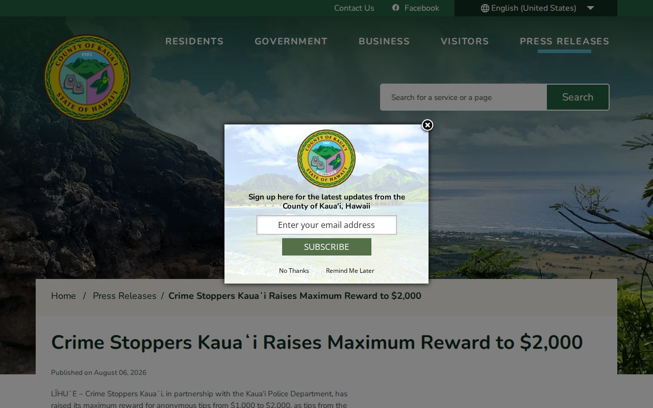 Kauai County most wanted anonymous tip and reward program